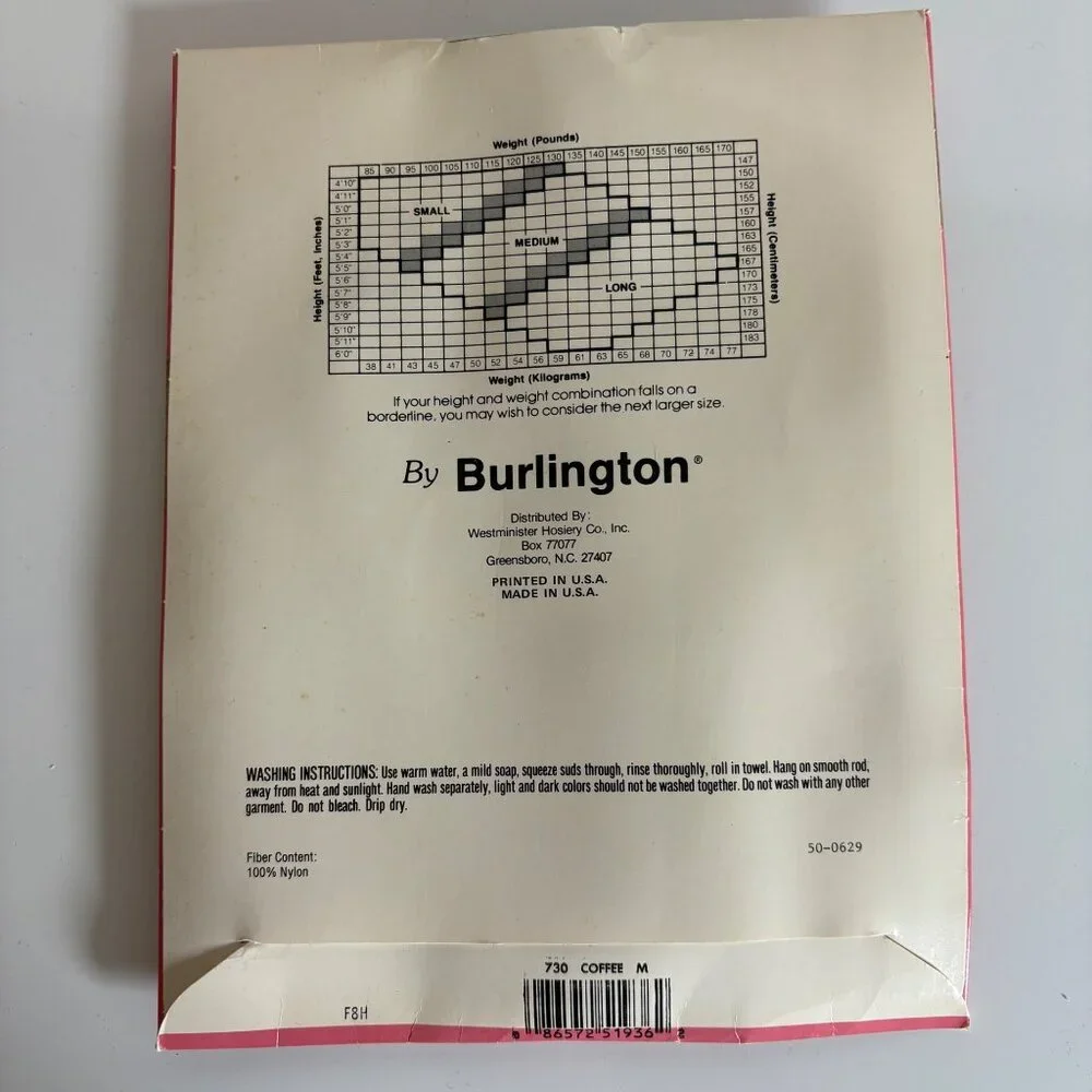 Burlington Cameo Sheer Pantyhose Medium Coffee Reinforced Panty & Toe Vintage